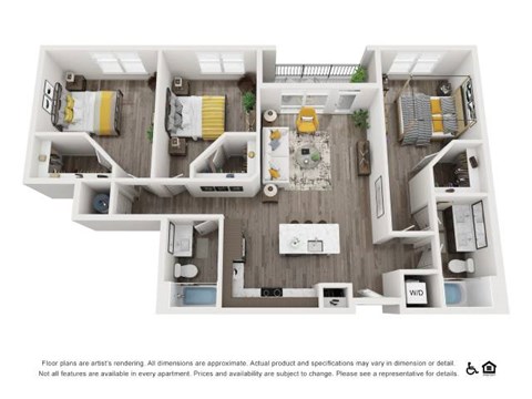 Floor plan for 3 beds, 2 baths, 1271 sqft